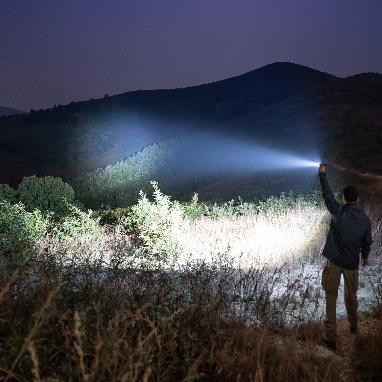 Person holding a flashlight in a dark landscape with mountains